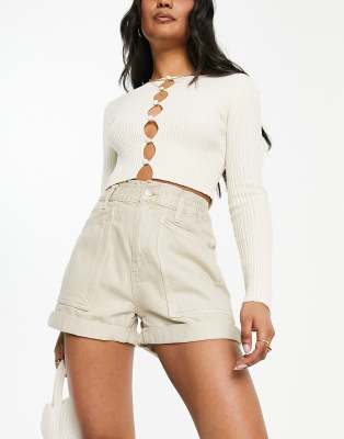 Pull & Bear paperbag waist denim shorts in sand-Neutral