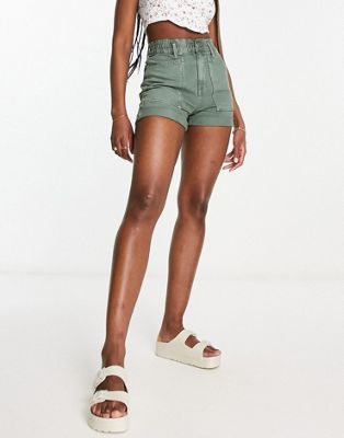 Pull&Bear paperbag waist denim shorts in washed green - ASOS Price Checker