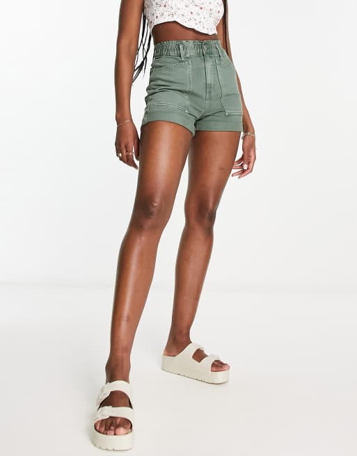 Pull&Bear paperbag waist denim shorts in washed green | ASOS