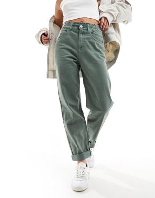 Pull&Bear paperbag waist Mom jean in washed green