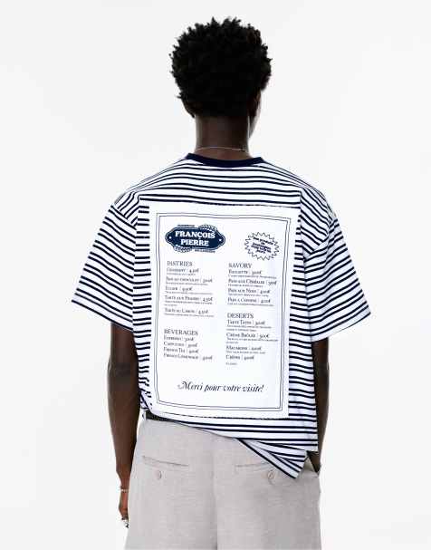 Pull&Bear Paris menu striped t-shirt in white