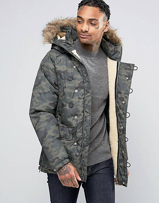 Pull&Bear Parka Jacket With Detachable Faux Fur Hood In Camo | ASOS