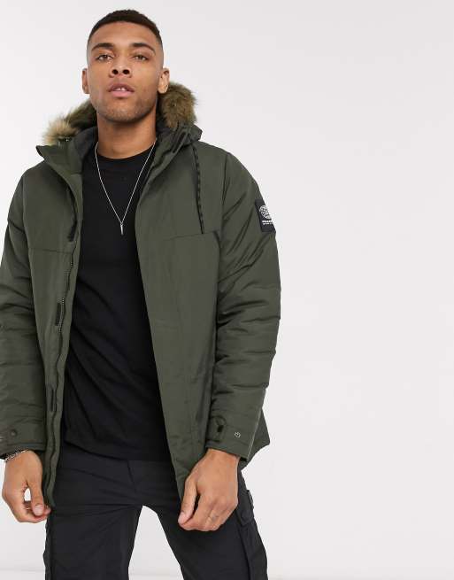 Pull Bear parka jacket with faux fur hood in khaki