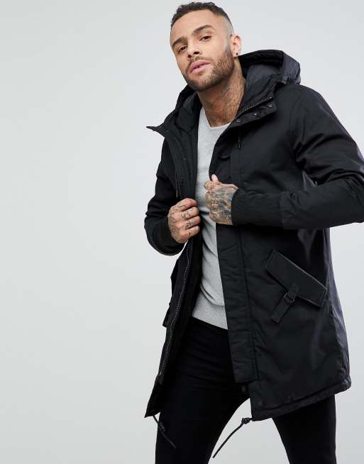 Pull Bear Parka matelass e avec capuche Noir