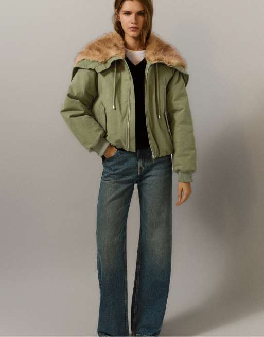 Pull&Bear parka med krave i imiteret pels i khaki, 5 af 7
