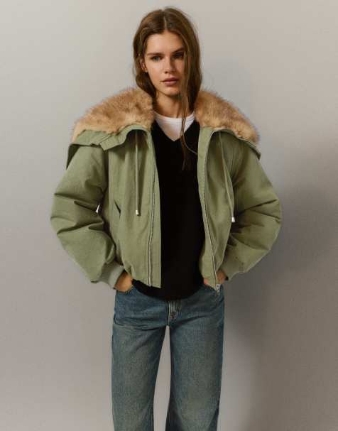 Pull&Bear Parka with faux fur collar in khaki - view 1