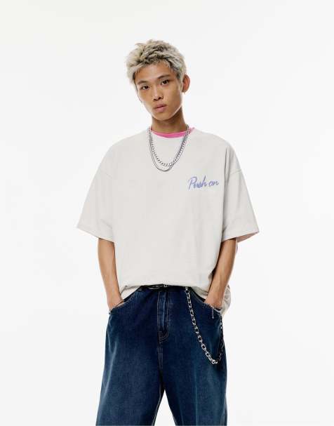 Pull&Bear – Pärlgrå t-shirt med STWD- och 'Street School'-tryck - view 1