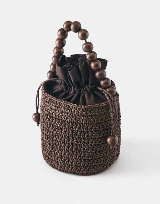 Pull&Bear pärlprydd mini bucket-väska i brun, 2 av 4
