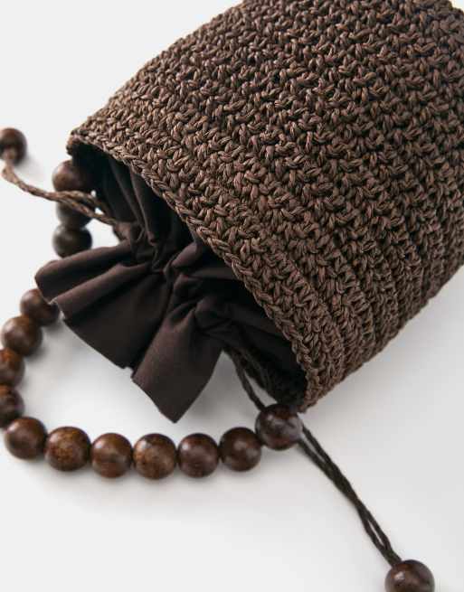 Pull&Bear pärlprydd mini bucket-väska i brun, 4 av 4