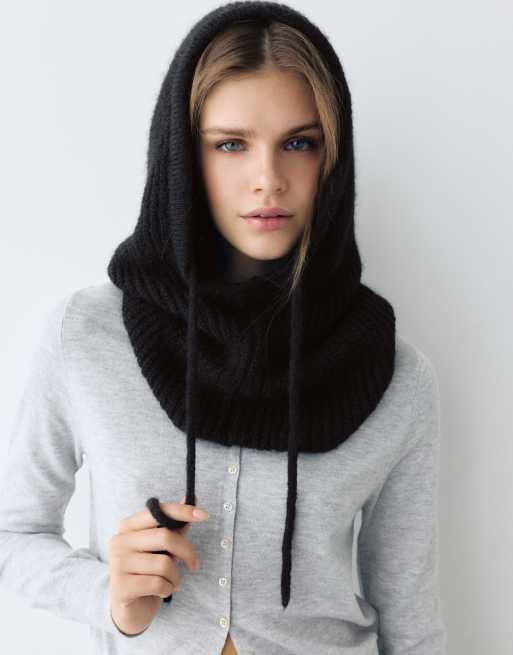Pull&Bear passamontagna in maglia a coste nero in lana, 1 di 5