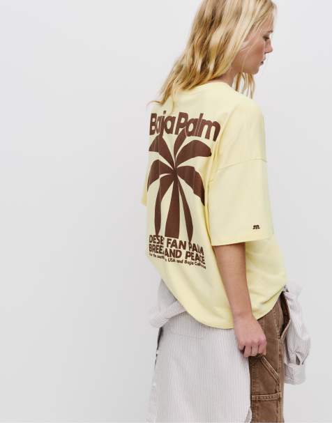 Pull&Bear - Pastelgul T-shirt med palmeprint - view 1