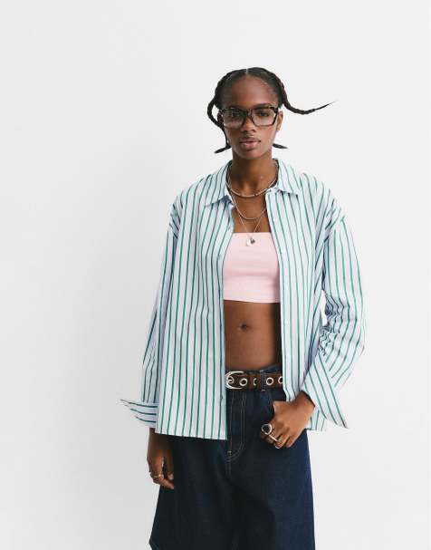Pull&Bear – Pastellblå, långärmad skjorta med randigt mönster - view 1