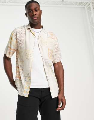 Pull&Bear patch printed shirt in stone - ASOS Price Checker