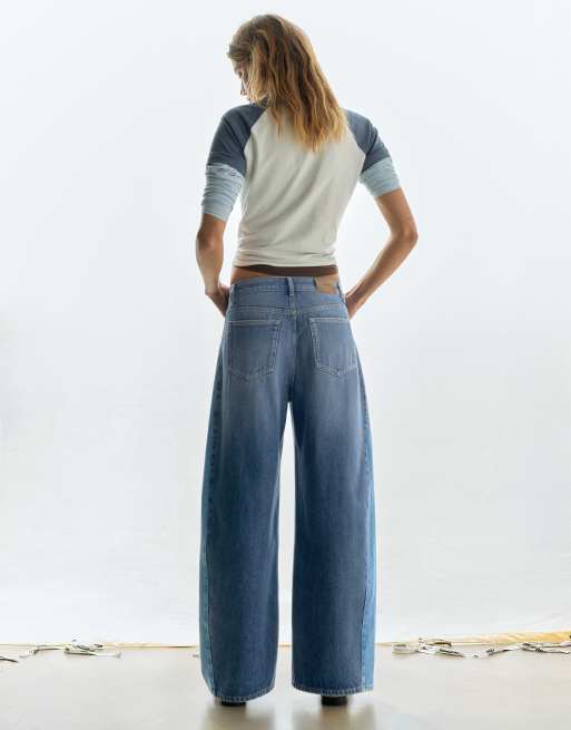 Pull&Bear patchwork barrel-jeans i mellemblå, 4 af 7