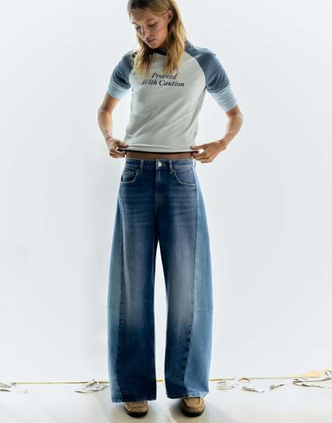 Pull&Bear Patchwork barrel jeans in medium blue - view 1