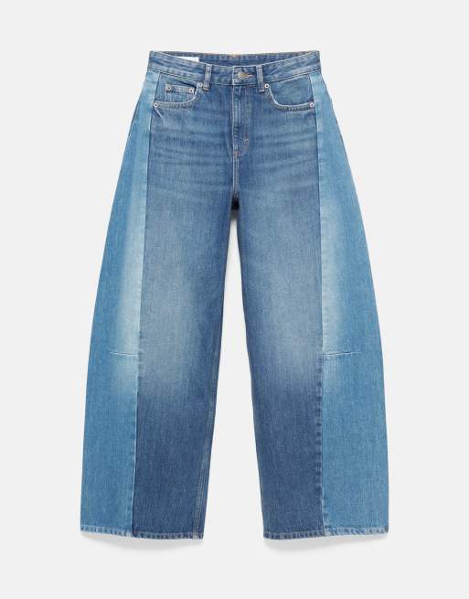Pull&Bear Patchwork barrel jeans in medium blue, 5 of 7