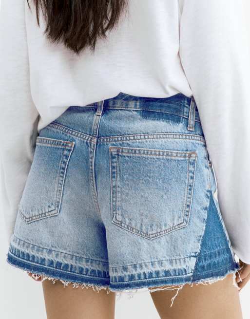 Pull&Bear Patchwork denim bermuda shorts in medium blue, 2 of 4