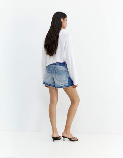 Pull&Bear Patchwork denim bermuda shorts in medium blue, 3 of 4