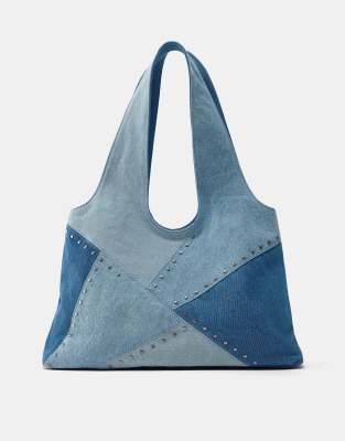 Pull & Bear - Patchwork-Shoppertasche aus Jeansstoff in Blau