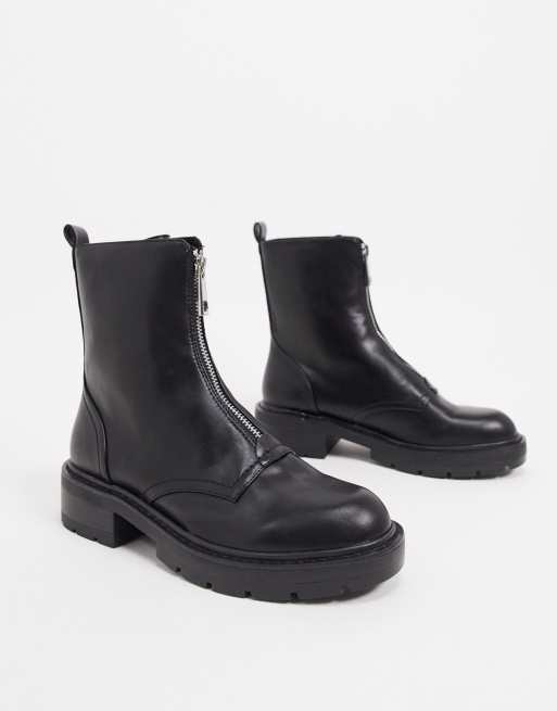 pull&bear lace up biker boot with chunky sole in black
