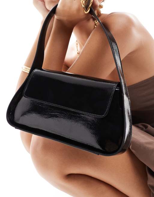 Pull Bear patent shoulder bag with flap detail in black