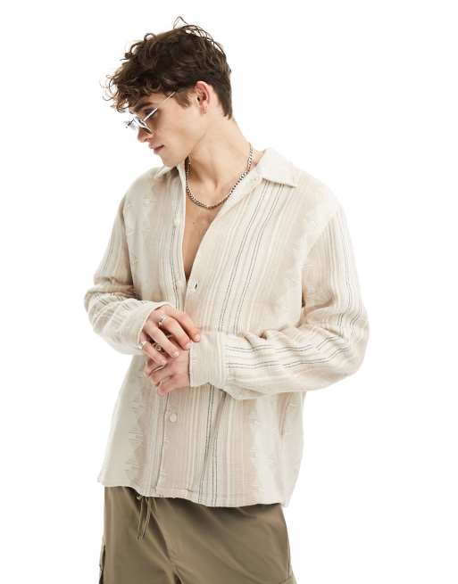 Pull&Bear pattern stripe long sleeve shirt in beige | ASOS