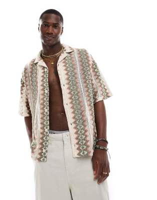 Pull & Bear Patterned Crochet Shirt In Khaki-green