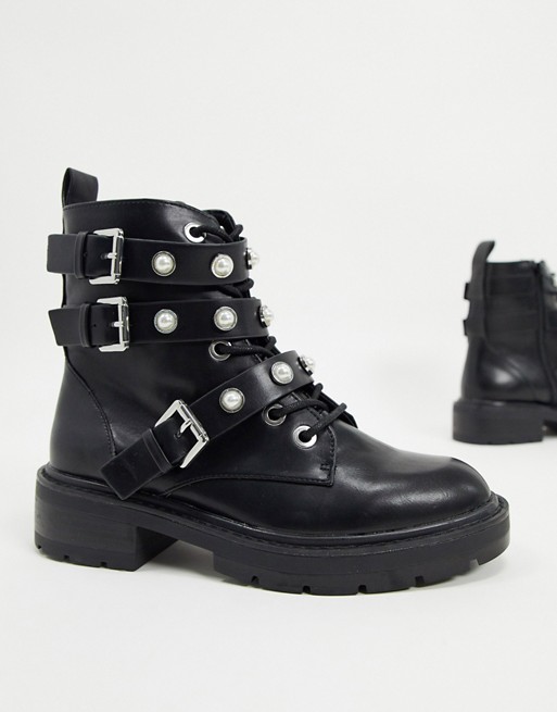 Pull&Bear pearl stud boots in black | ASOS