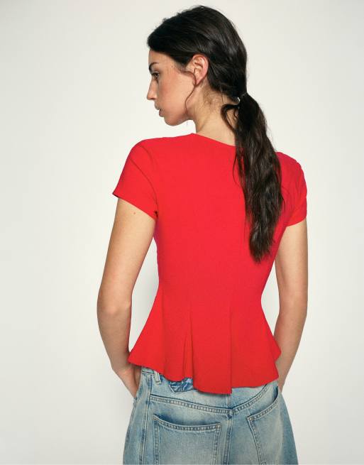Pull&Bear - Peplum top in rood, 2 van 7