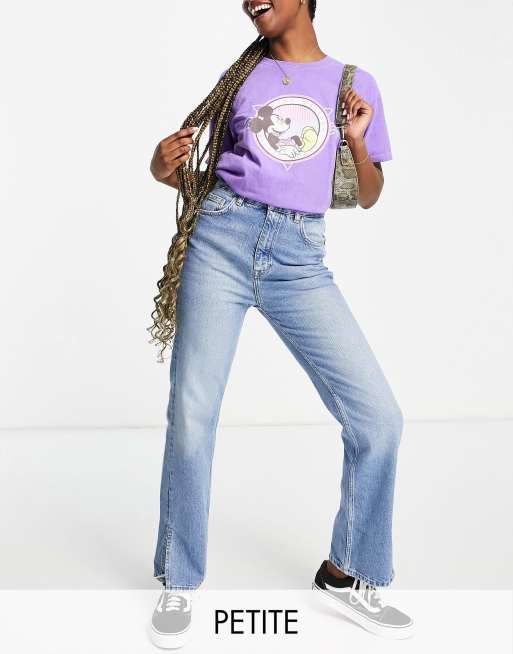 Pull&Bear Petite 90s straight leg with slit hem in medium blue