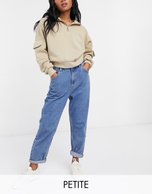 Pull&Bear Petite elastic waist mom jeans in blue | ASOS