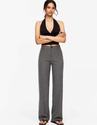 Pull & Bear Petite - Elegante Hose in Grau mit hohem Bund und geradem Schnitt