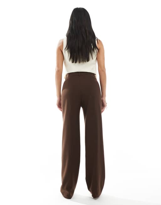 Pull&Bear Petite – Elegante Hose in Schokobraun mit geradem Schnitt und Ziernaht vorne, 2 von 5