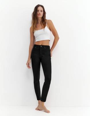 Pull & Bear Petite - Enge Jeans in Schwarz meliert mit hohem Bund