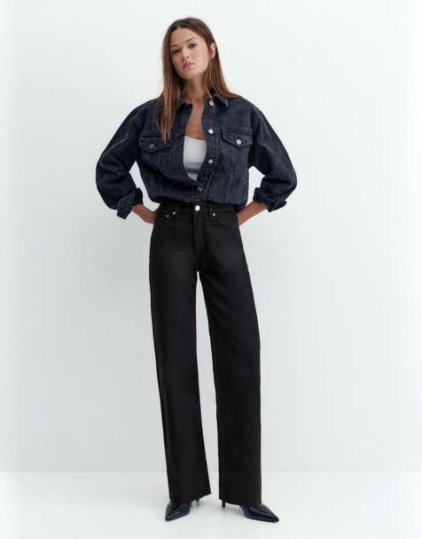 Pull&Bear – Petite – Gerade geschnittene Jeans in meliertem Schwarz mit weitem Bein - view 1