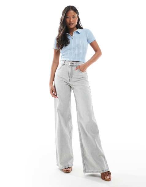 Pull&Bear Petite high rise wide leg jeans in washed gray - view 1