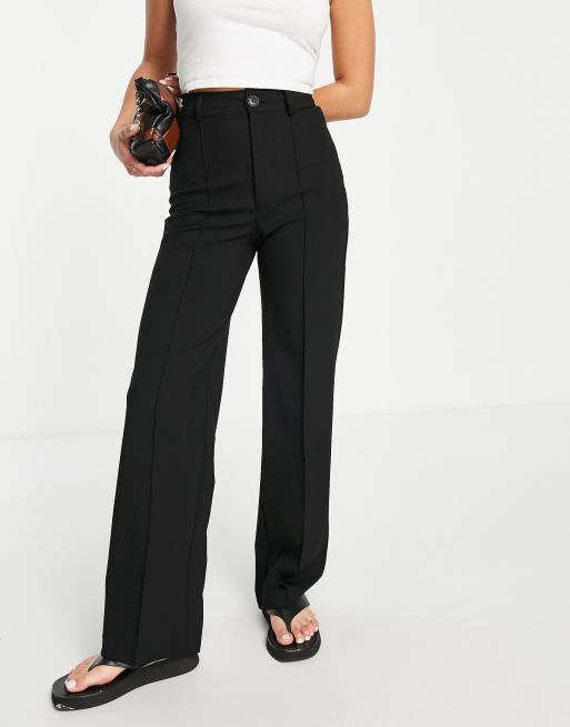 Pull&Bear Petite high waist tailored straight leg trousers with front seam in black