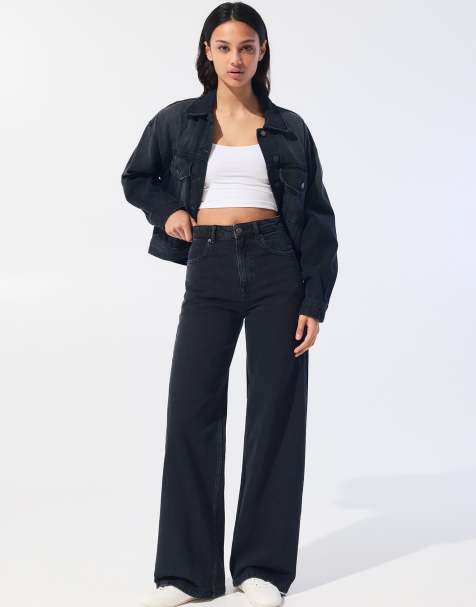 Pull&Bear Petite high-waist wide-leg jeans in black - view 1