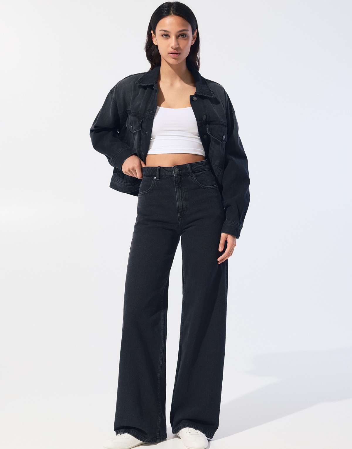Pull&Bear Petite high-waist wide-leg jeans in black