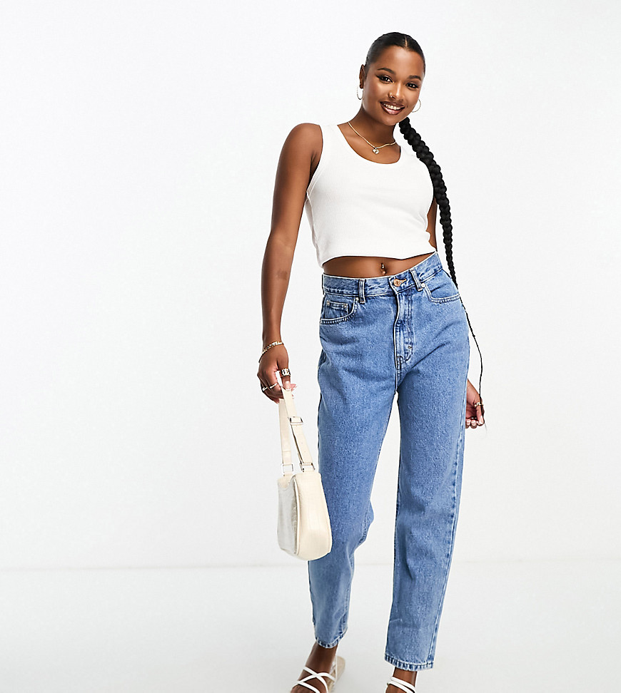 Pull & Bear Petite high waisted mom jeans in mid blue
