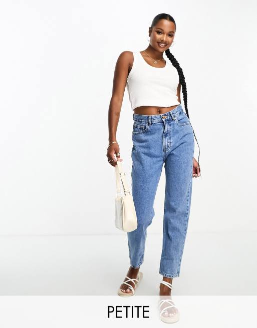 Pull&Bear Petite high waisted mom jeans in mid blue | ASOS