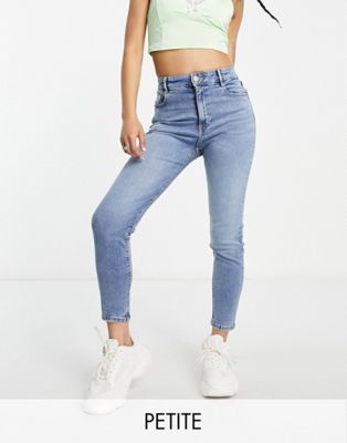 Pull & Bear Petite high waisted skinny contour jeans in mid blue