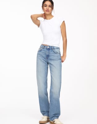 Pull & Bear Petite - Jean droit à taille mi-haute - Bleu moyen
