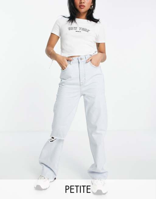 Pull&Bear Petite - Jean droit déchiré - Bleu clair