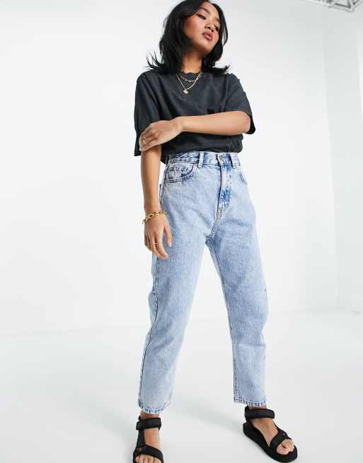 Pull Bear Petite Jean mom basique taille haute Bleu clair