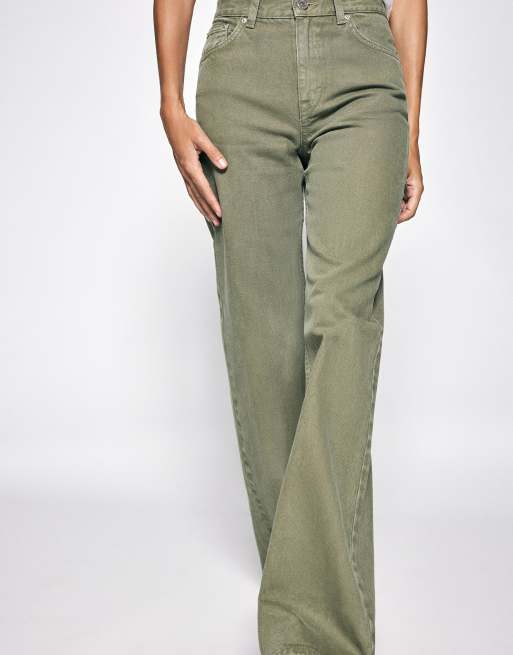 Pull&Bear Petite jeans dritti a gamba larga color kaki, 5 di 7