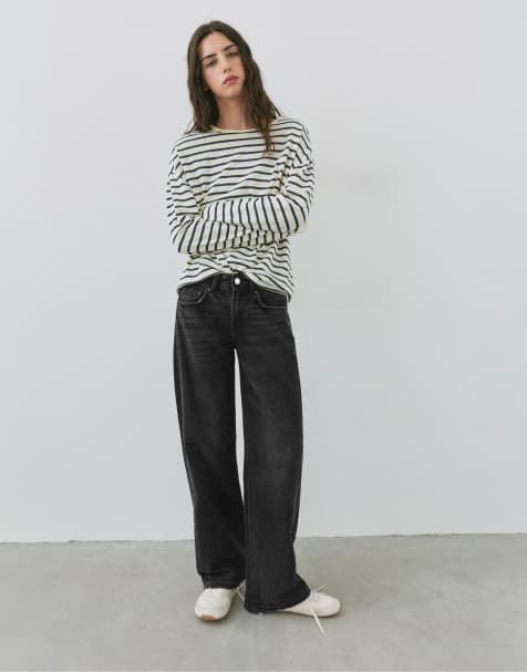 Pull&Bear Petite jeans dritti a vita bassa neri - view 1