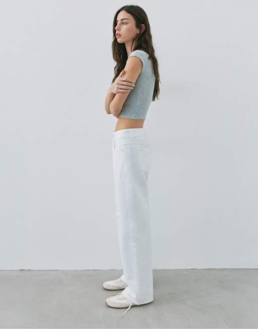 Pull&Bear Petite jeans met lage taille en rechte pijpen in wit, 5 van 6