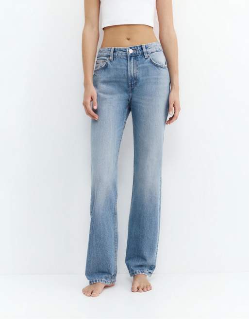 Pull&Bear Petite - Jeans met rechte pijpen en halfhoge taille in middenblauw, 2 van 7
