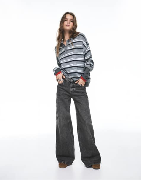 Pull&Bear Petite low-rise wide-leg jeans in medium grey